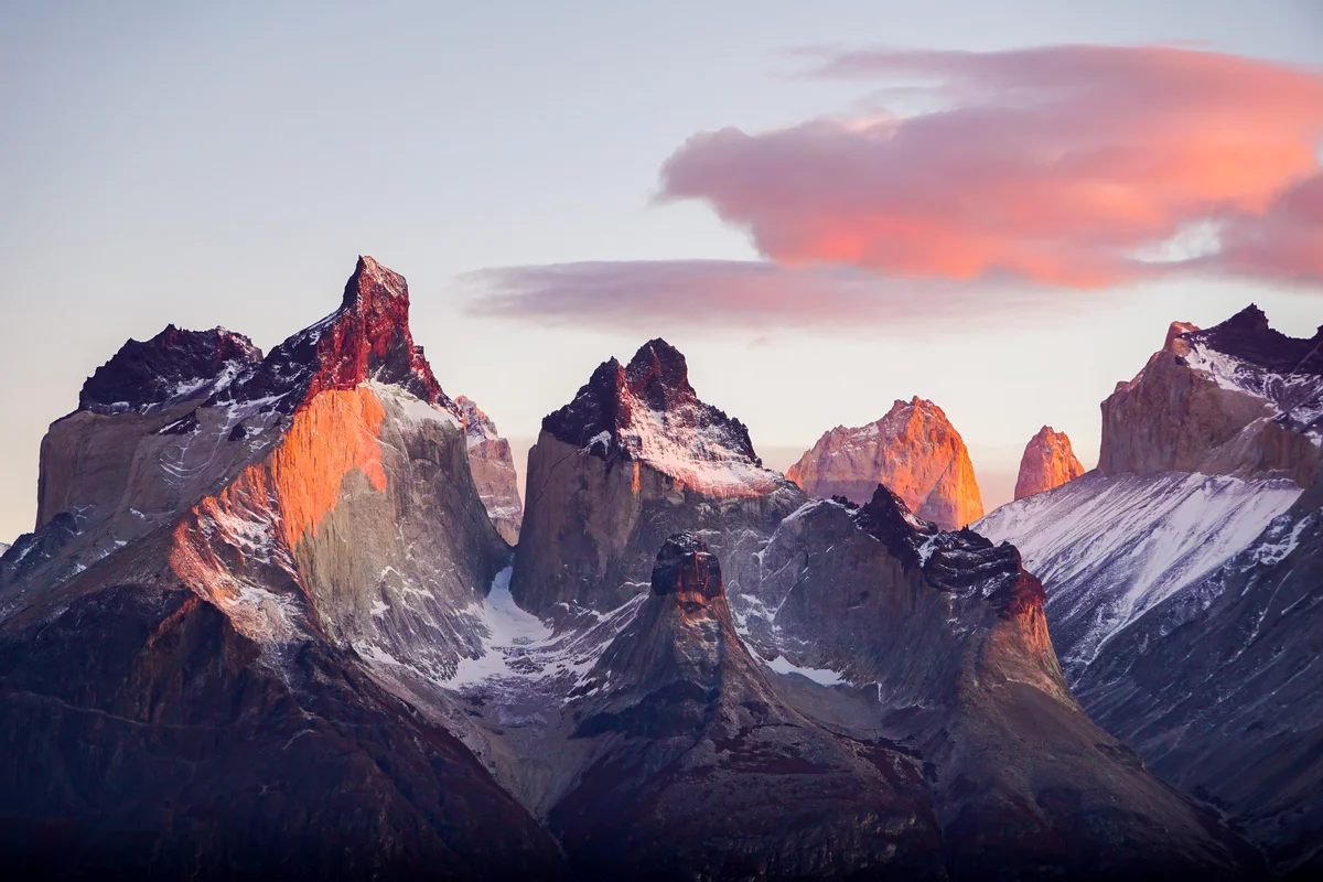 山脉，火烧云，日落，智利，自然景观，Torres del Paine