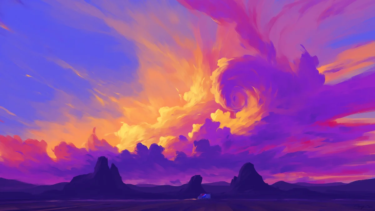 BisBiswas，数字艺术，创意图片，插图，风景，火烧云，日落，岩层，自然，卡车，4K，天空