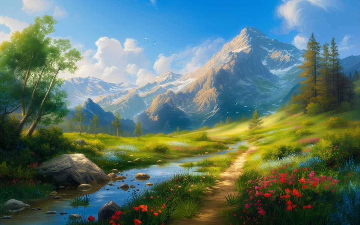 山下的小溪和小路鲜花树 4K 风景壁纸