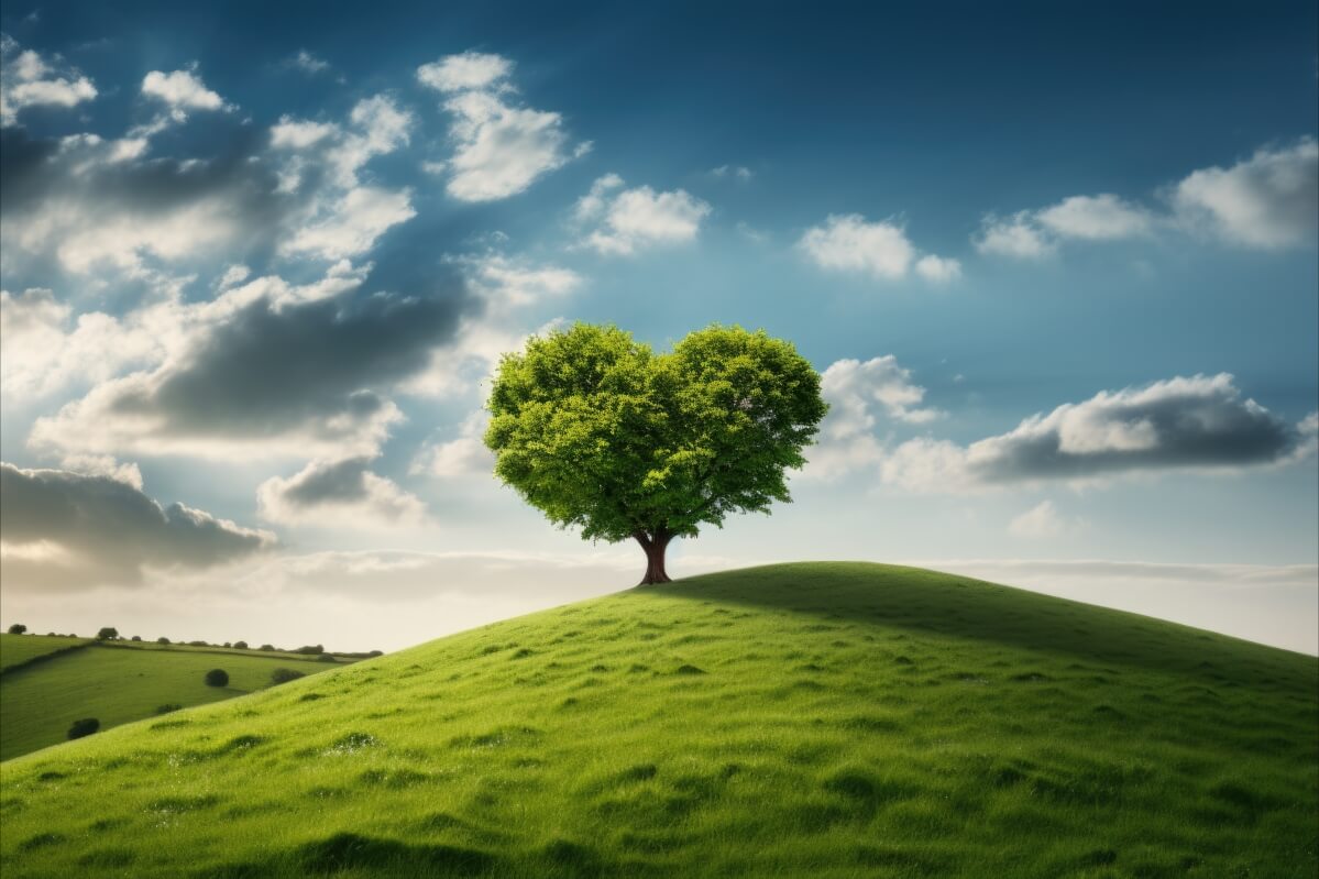 心形树 蓝天白云 绿草地 风景壁纸 5k
