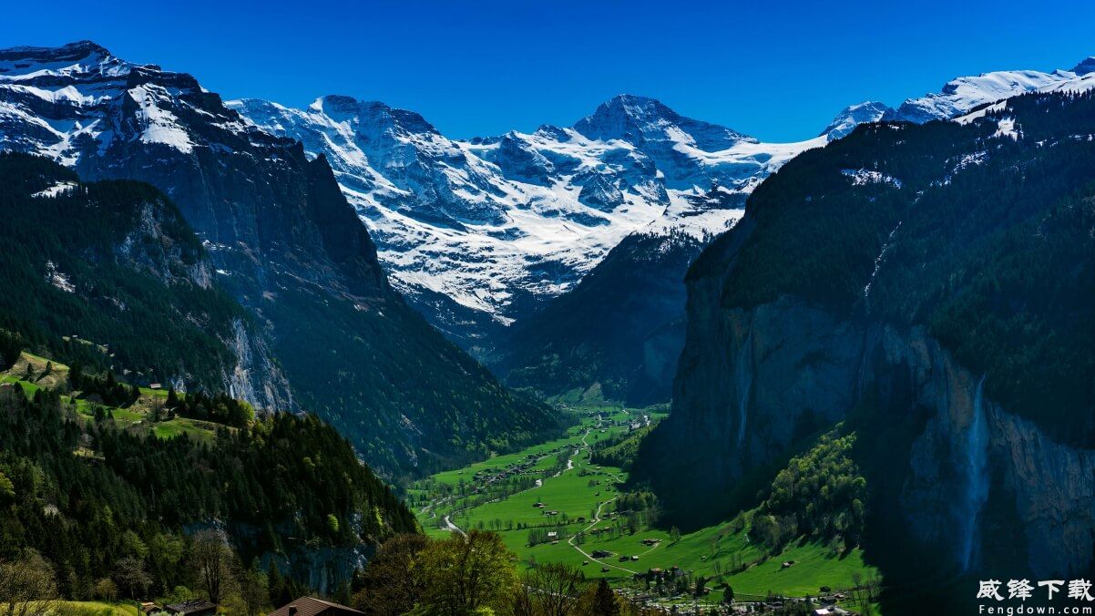 雪山 山谷 乡村 风景4k壁纸
