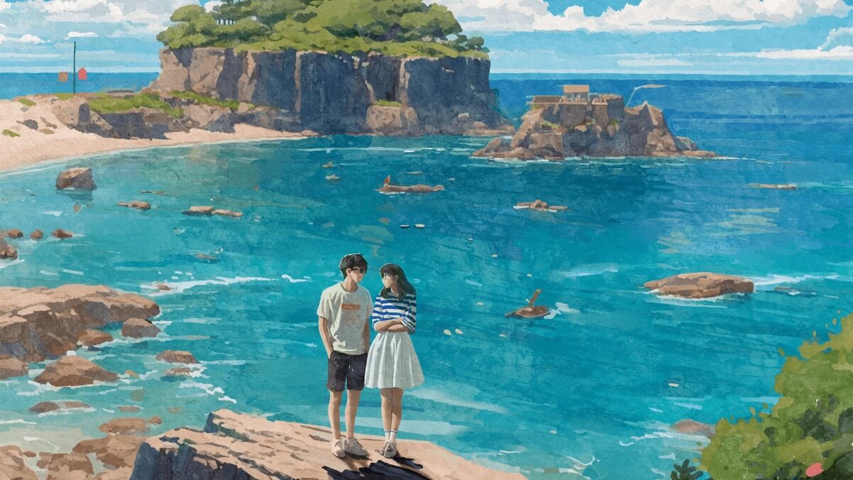 夏天，海边，情侣，岩石，石头，树，蓝色大海，动漫风景 4k壁纸