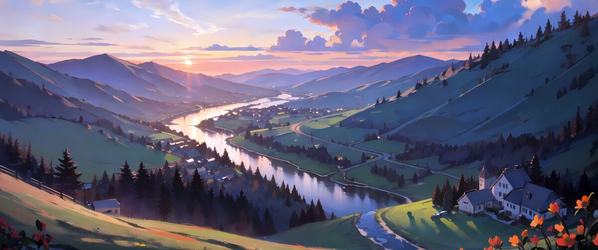 日落 山谷 风景 带鱼屏壁纸