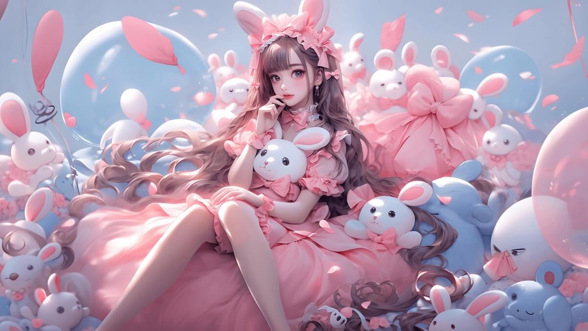 粉红芭比兔裙装女孩 一群兔子 4K壁纸