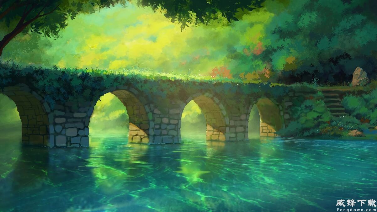 桥 流水 绿色树林4K风景壁纸