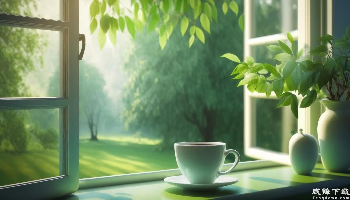 居家 清新 绿色树林 窗 咖啡 护眼风景4k壁纸