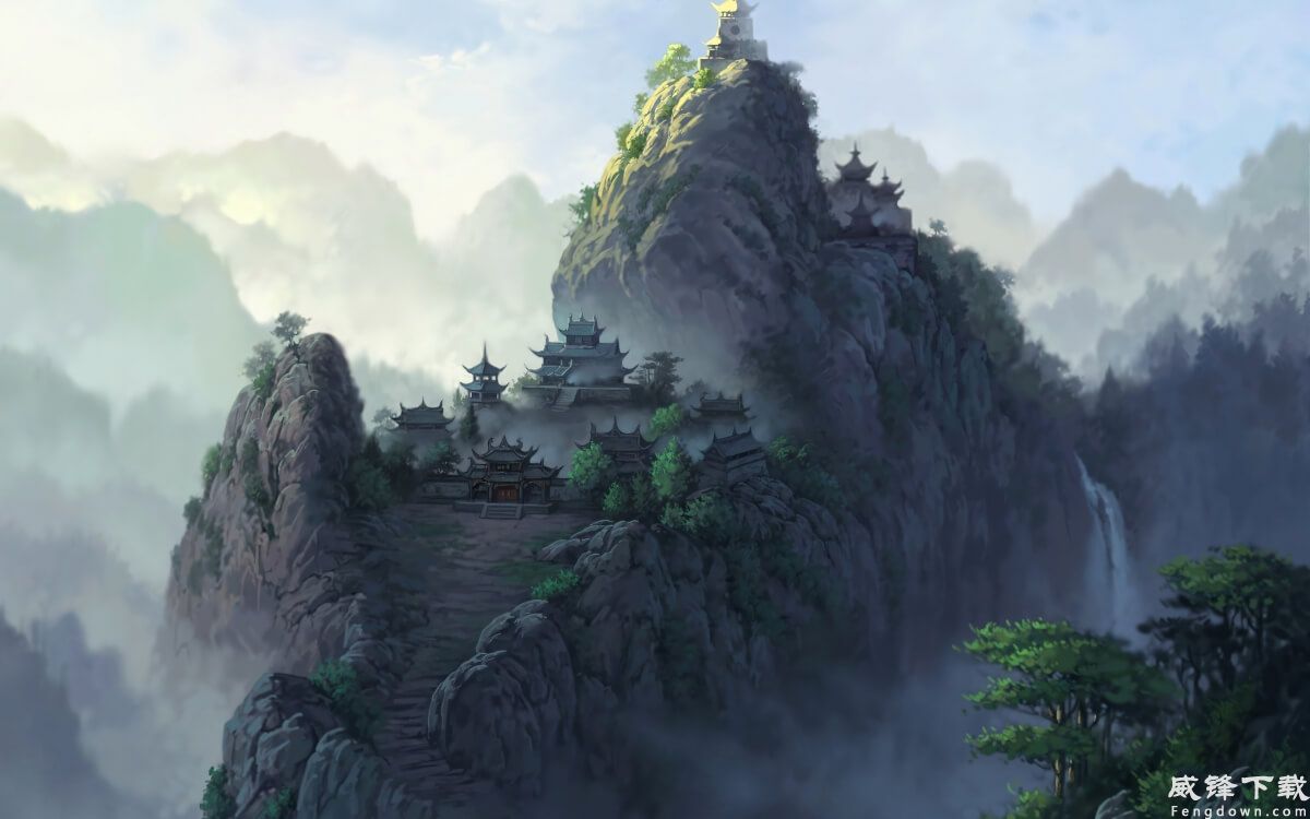 国风 绘画风景 山顶上的寺院 寺庙 山脉 瀑布 仙境 4k壁纸