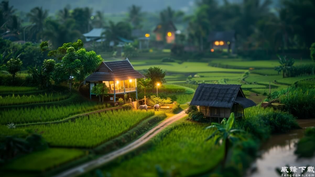 乡村之夜 房子 田野和稻田 黄昏 乡村小路 河流 风景 4k壁纸
