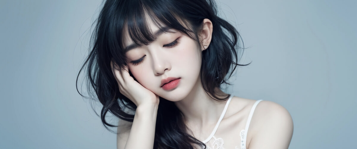 一手托脸蛋女孩  带鱼屏壁纸