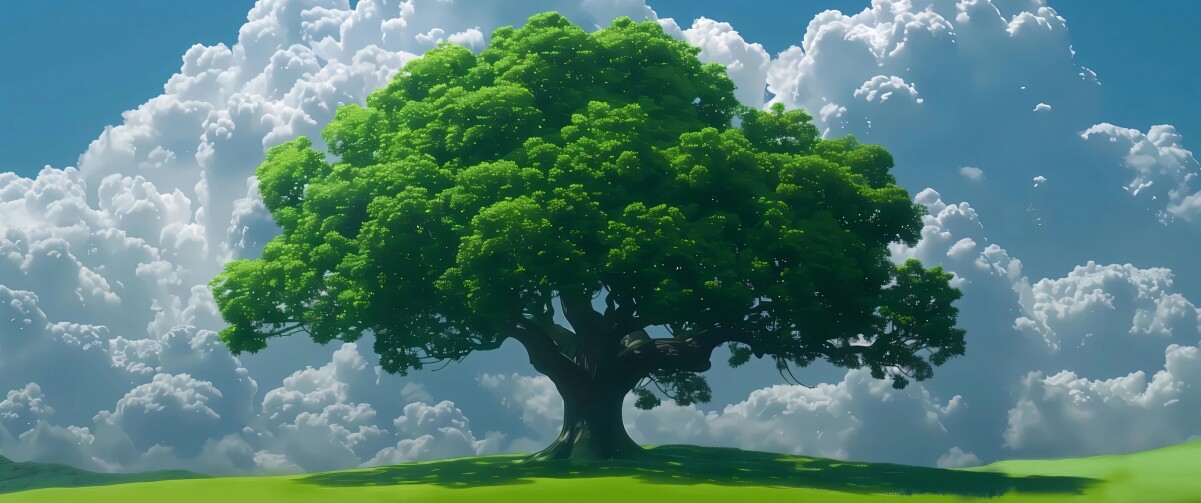 一棵树 绿草地 蓝天白云 带鱼屏风景壁纸